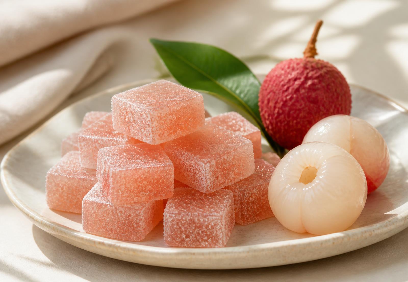Pale pink real lychee gummy cubes beside fresh Thai lychees